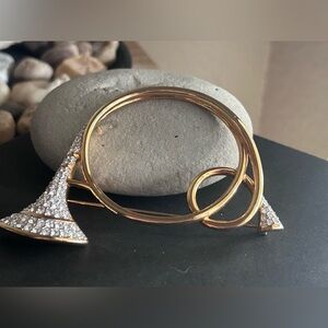 Swarovski French Horn Brooch Gold Pavé Crystal Vintage Music Pin